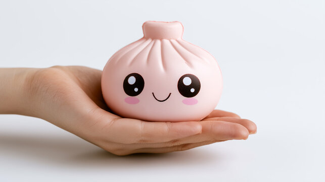 Cute pink dumpling squishy toy with smiling face resting on hand