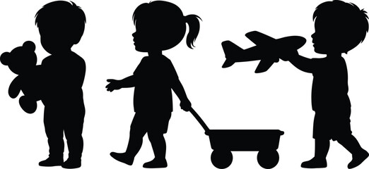 Set of black silhouettes of children playing with toys including a teddy bear, wagon cart and toy airplane © Murad