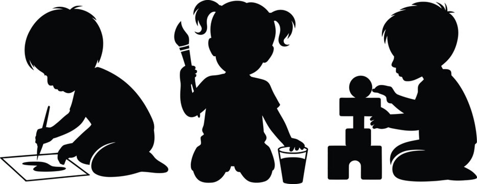 Set of black silhouettes of children doing creative art activities, drawing, painting and playing with toy blocks