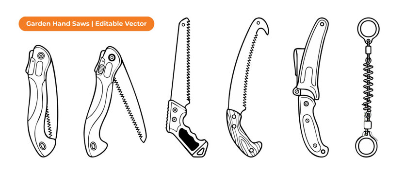 Garden hand saws vector set, pruning folding saw icons. Isolated outline design elements for woodworking, landscaping, camping, DIY project use, outdoor survival, editable black line art illustration.
