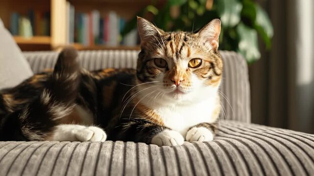 Calico cat with orange and black patches resting on a grey ribbed corduroy sofa in a sunlit living room, looking at camera, blurred interior background with books and plant.