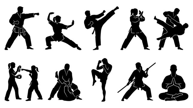 Martial Arts Silhouettes Set With Karate And Combat Poses