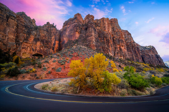The road and mountains of Zion National Park in Utah, USA