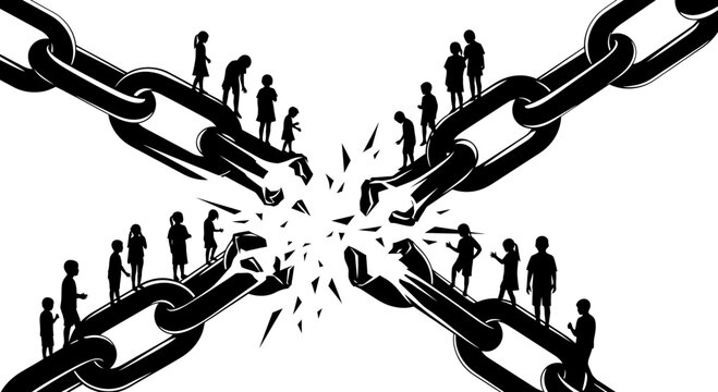 Broken Chains with Silhouettes of Children Concept