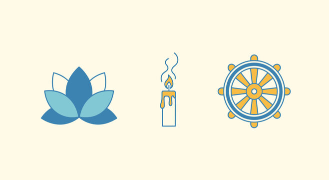Buddhism Symbols Lotus Candle and Dharmachakra Icon Set