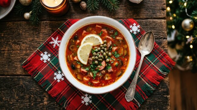 Traditional solyanka soup in a bowl on a festive christmas napkin