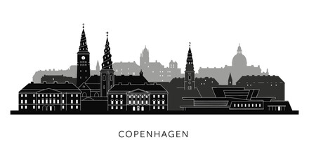 Fototapeta premium Copenhagen Skyline Silhouette: Iconic Cityscape Black and White Vector
