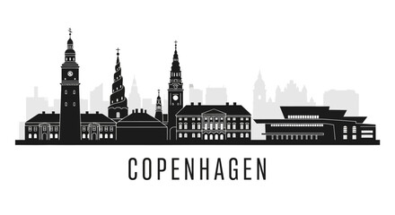 Fototapeta premium Copenhagen skyline silhouette illustration, black and white cityscape