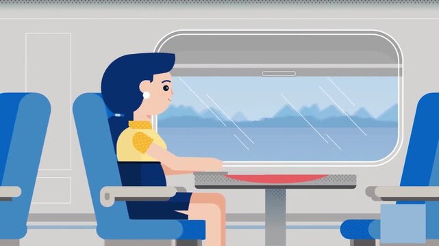 Animated Young Woman Working on Laptop Inside High-Speed Train, Digital Nomad and Commuter Travel Concept