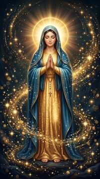 Peaceful virgin mary in prayer with rosary bathed in divine light and glimmering sparkles