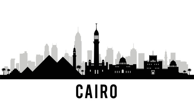 Cairo Silhouette: Cityscape Panorama, Skyline Illustration, Black and White