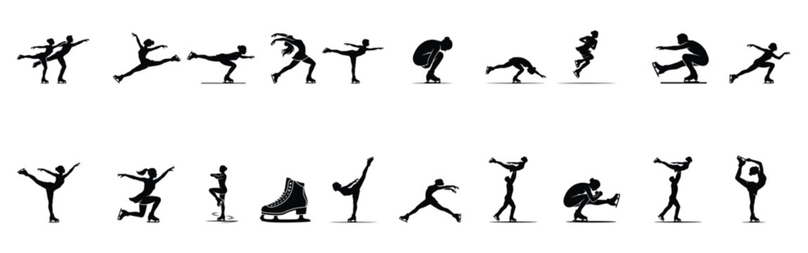 Figure Skating Athletes Performance and Ice Dance Silhouette Vector Icon Set