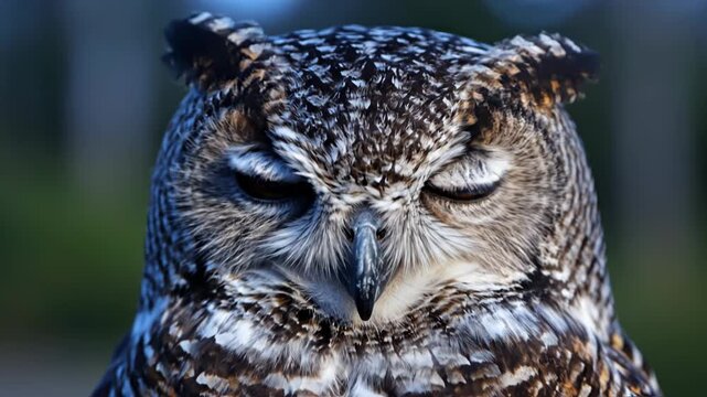 Close-up owl face with large yellow eyes, patterned feathers, and beak. Portrait of a nocturnal raptor bird with ear tufts and intense gaze against dark blurred background.