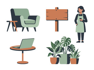 Fototapeta premium Flat Vector Illustration Set of Modern Cafe Elements, Barista, Indoor Plants, and Furniture