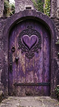 Beautiful vintage purple wooden door featuring heart design in a rustic stone environment