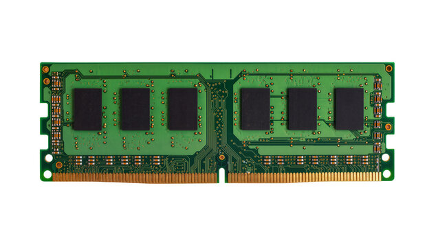 Isolated computer RAM module, green circuit board with gold contacts and memory chips