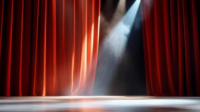 Red curtains slowly opening and closing on spotlight stage