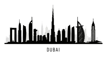 Obraz premium Dubai Cityscape Silhouette: Iconic Buildings, Black and White, Skyline