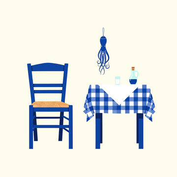 Greek Taverna Blue Chair Checkered Tablecloth Octopus Decoration