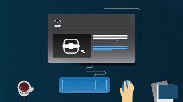 2D Animation of Modern Website Layout on Monitor with Moving Mouse Cursor, Web Design and UI UX Interface Development
