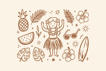 Cute hand drawn hula girl with summer vacation elements like pineapple watermelon hibiscus flower and surfboard Vector, illustration © Foysal
