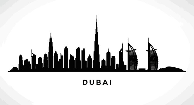 Dubai Skyline Silhouette: Architectural Cityscape, Black and White Vector