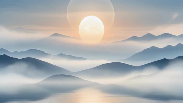 Soft mist enveloping layered mountain peaks at sunrise or sunset