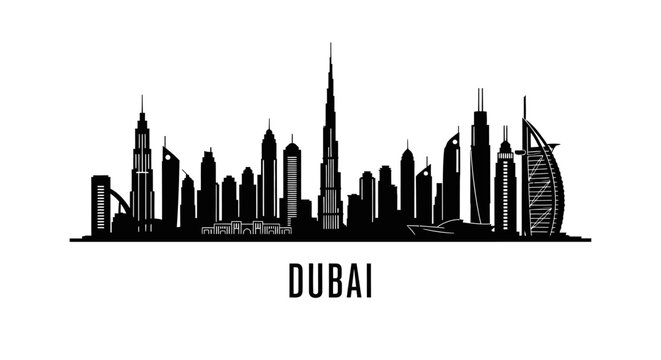 Dubai Skyline Silhouette: Cityscape Illustration, Black and White, Modern Architecture