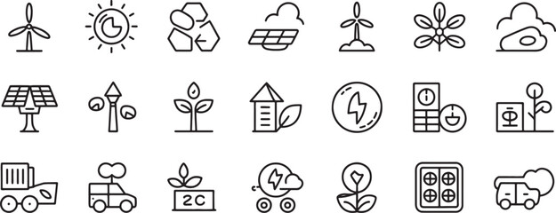 Fototapeta premium Solar Energy Icons Set with Wind Turbines, Recycling Arrows, Leaf Power, and Eco-Friendly Power Line Symbols