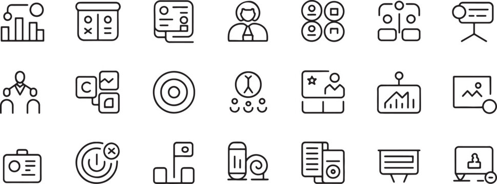 Business Icons Set with People, Reports, Charts, Communication, Targets, and Office Tools in Clean Line Style