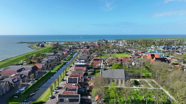 Aerial view of a historic harbor town on the IJsselmeer in Europe