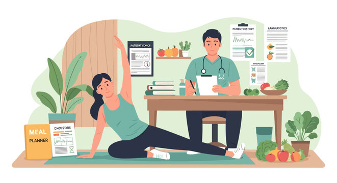 Doctor advises patient on healthy lifestyle and exercise.