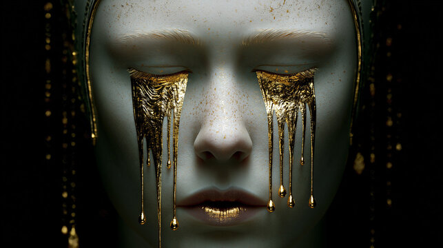 Dark Fantasy Surreal Portrait of a Female Entity Crying Liquid Gold Tears
