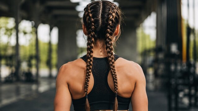 Back view of a woman with long hair styled into two tight perfect Dutch boxer braids