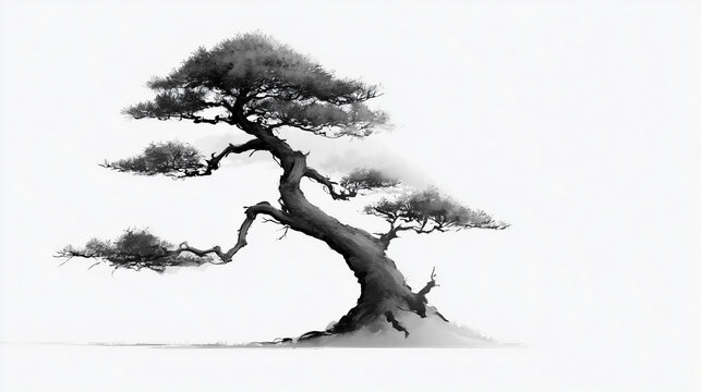 Serene bonsai tree in elegant traditional Japanese sumi-e ink painting style, delicate black and white brush strokes, zen art isolated on white background.