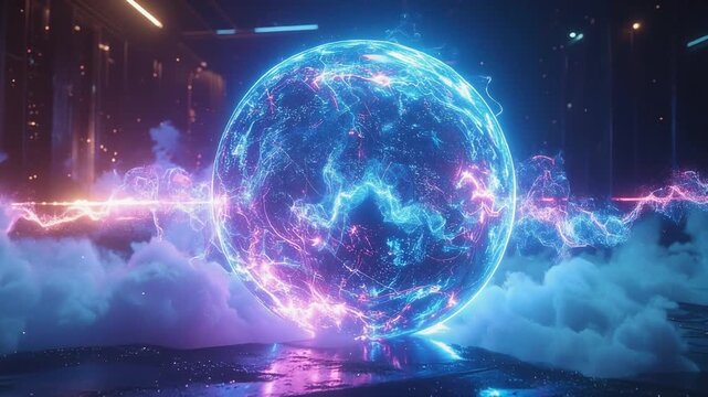 Futuristic science laboratory with a glowing blue digital holographic plasma sphere reactor core surrounded by purple lightning bolts and low smoke.