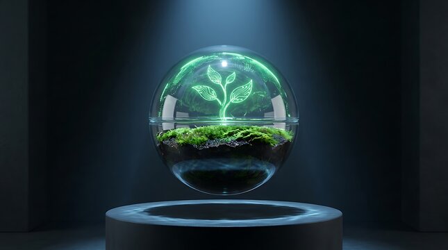 Glowing digital plant hologram inside a glass sphere terrarium symbolizing futuristic environmental conservation and green technology