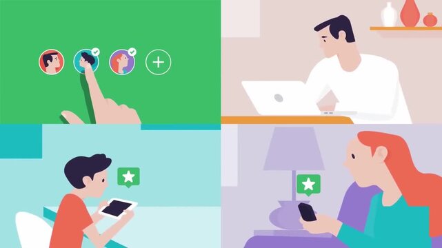 Four Screen Split 2D Animation of Young Professionals Using Laptops and Smartphones, Remote Work and Creative Team collaboration