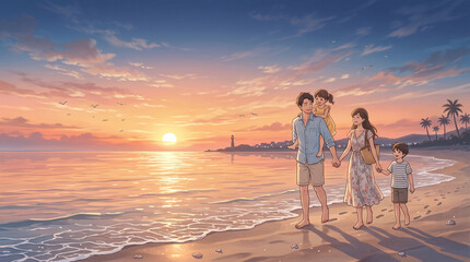 Fototapeta premium 夕暮れの海辺を散歩する家族