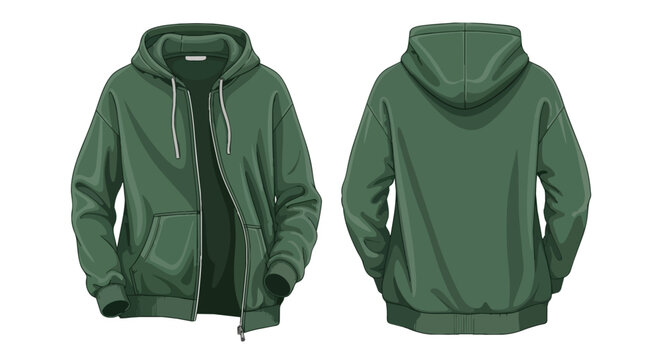 Green Zip Up Hoodie Mockup Template for Clothing Design Front and Back View Realistic Hooded Sweatshirt Flat Lay