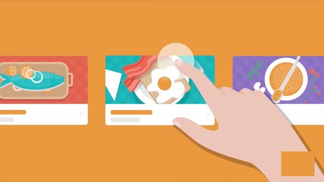 2D Animated Hand Adding Breakfast Bacon and Egg to Online Grocery Cart, Food Delivery Mobile App and E-Commerce Concept