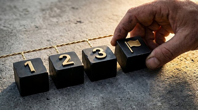 Grimy hand placing a flag icon block in a numbered sequence connected by glowing wire representing hard work and reaching goals