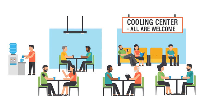 Cooling center illustration with people resting and getting water