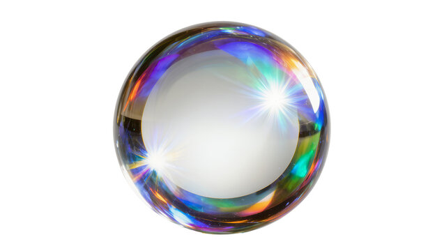 Isolated transparent iridescent glass sphere with colorful rainbow light reflections and glow