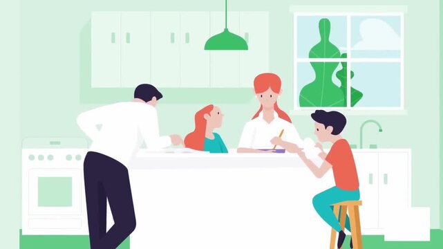 2D Animation of Happy Family Preparing Meal in Modern Kitchen, Parents and Child Cooking Dinner Together Lifestyle Concept