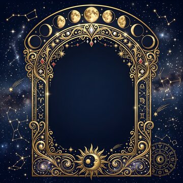 Luxury celestial golden arch frame featuring moon phases, sun, zodiac symbols, constellations, and starry galaxy background for mystical tarot designs.