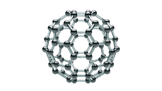 Isolated detailed three-dimensional render of a C60 fullerene carbon molecule or Buckyball structure.