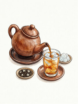 Es Teh Poci, Indonesian Iced Jasmine Tea with Rock Sugar in Clay Teapot, Watercolor Beverage Illustration Isolated