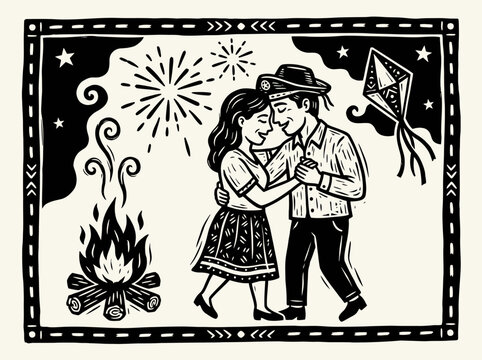 Festa Junina Cordel Woodcut Illustration of Couple Dancing by Bonfire