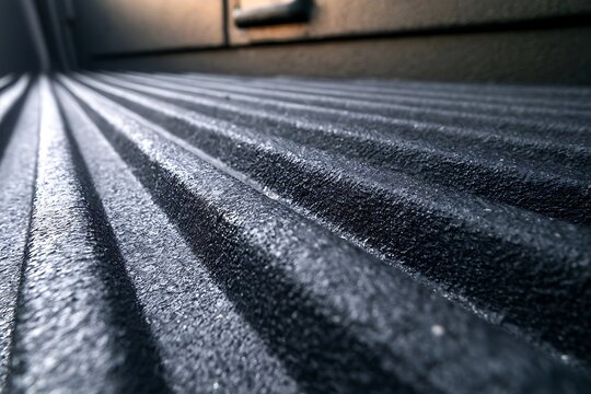Close-up of a textured dark metal surface with repeating parallel lines.